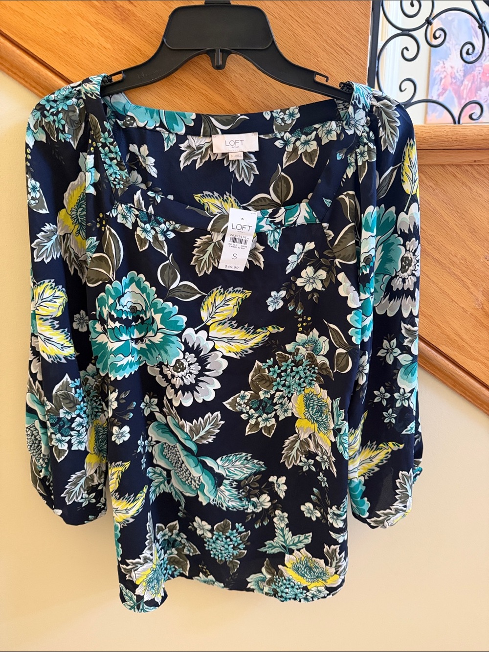 LOFT Navy Floral Square Neck Blouse - Teal, Yellow & White Print Sz Small NWT
